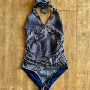 Nip Tuck V-Neck One Piece Swimsuit Cheeky Striped Halter Top Size 6